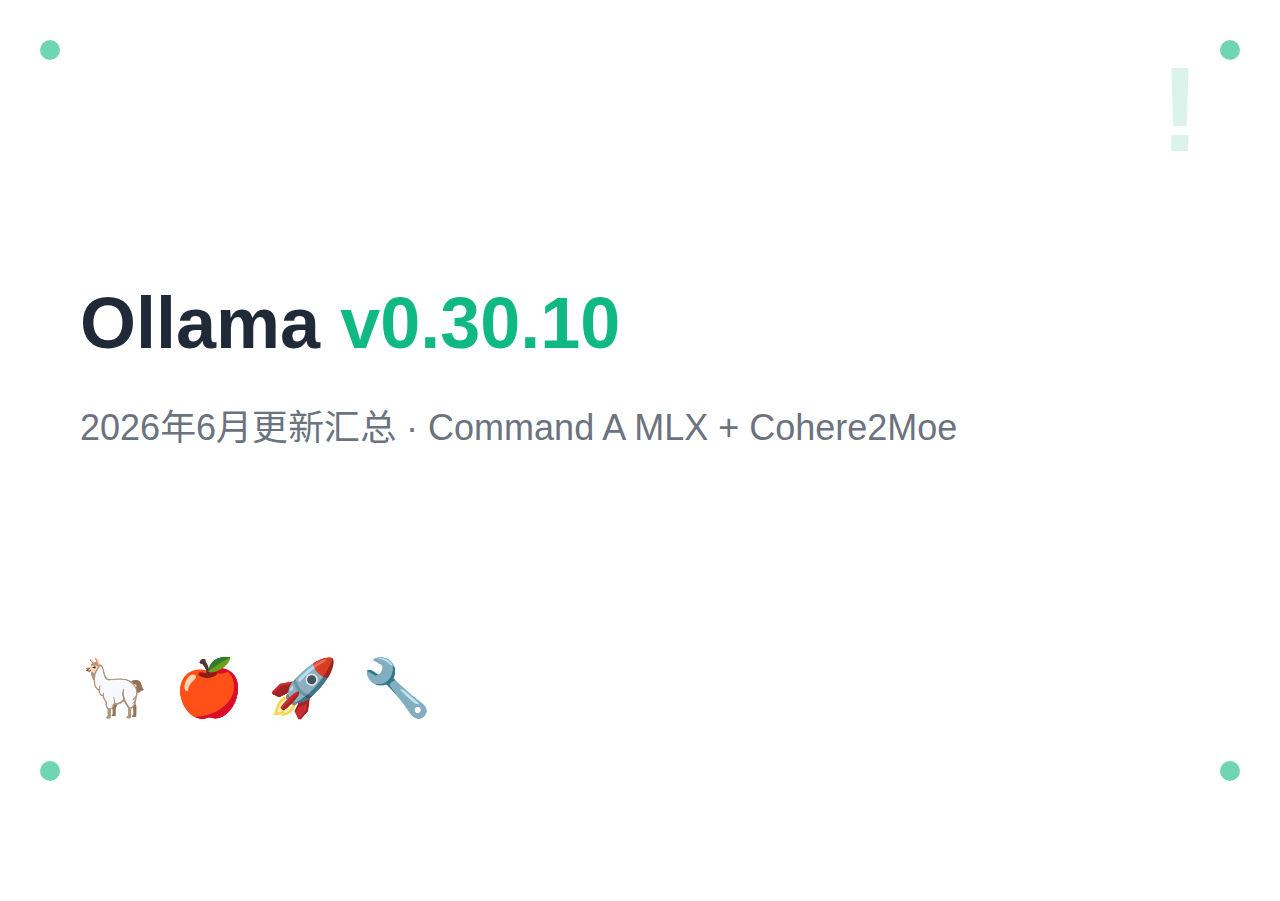 Ollama 2026年6月更新汇总：v0.30.10 Command A登陆MLX + Cohere2Moe架构支持