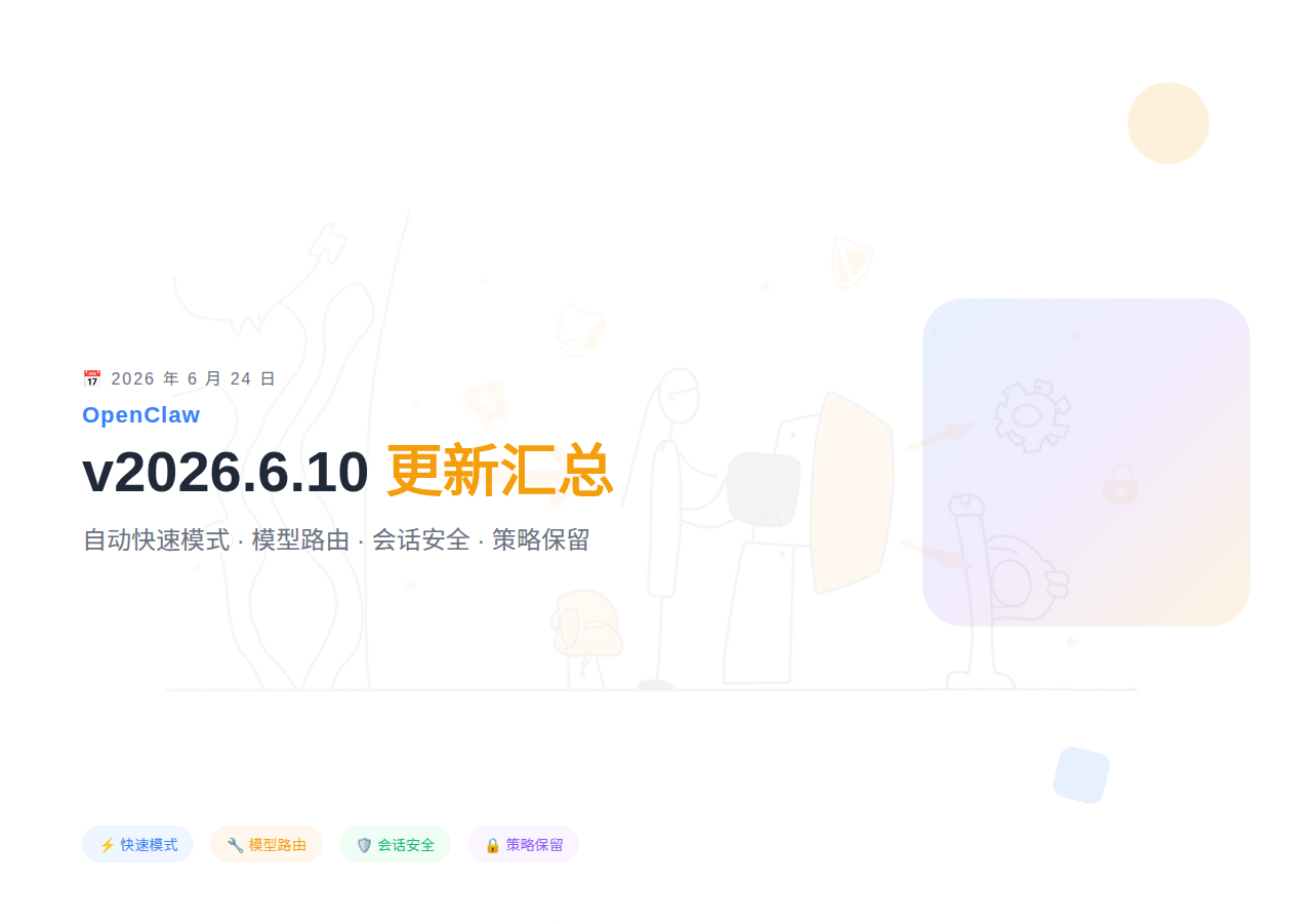 OpenClaw 2026年6月更新汇总 - v2026.6.10 自动快速模式+模型路由+会话安全